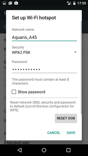 Enter a Wi-Fi hotspot password of at least 8 characters and select SAVE