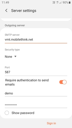 Scroll down and enter Outgoing server address