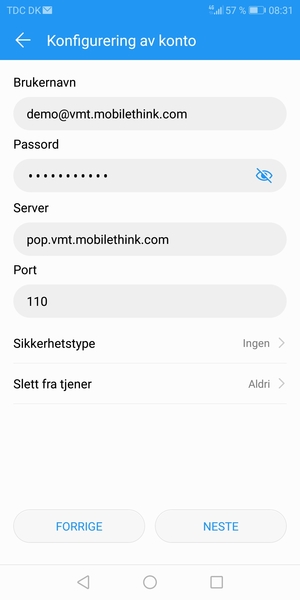Skriv inn Brukernavn og innkommende serveradresse. Velg NESTE