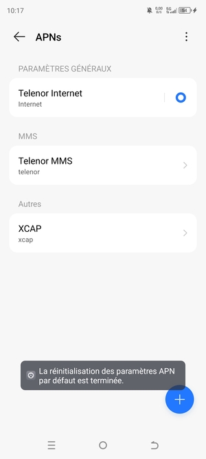 Votre téléphone va être réinitialisé avec les paramètres Internet et MMS par défaut
