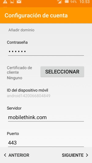 Desplácese hacia abajo e introduzca la dirección del servidor Exchange. Seleccione SIGUIENTE