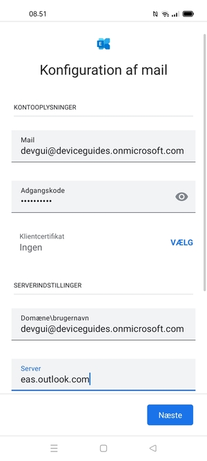 Indtast Brugernavn og Exchange serveradresse. Vælg Næste