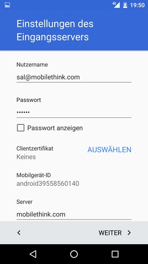 Geben Sie Nutzername und Exchange Server-Adresse ein. Wählen Sie WEITER