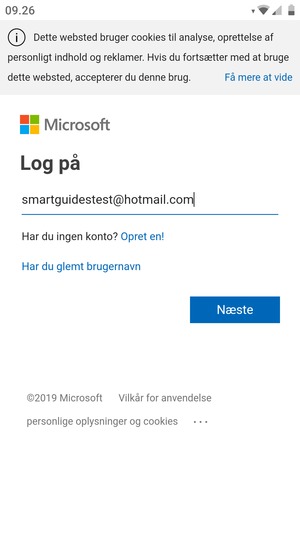 Indtast din e-mailadresse og vælg Næste
