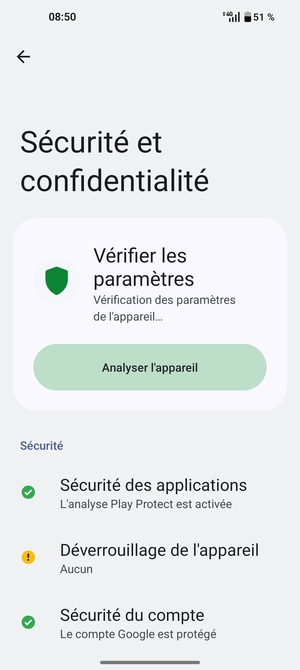 Pour activer votre écran de verrouillage, allez dans le menu Sécurité et confidentialité et sélectionnez Deverrouillage de l'appareil