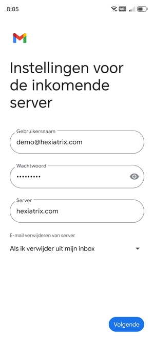 Voer Gebruikersnaam en binnenkomend serveradres in. Selecteer Volgende