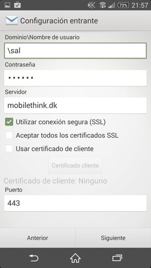 Introduzca Nombre de usuario y la dirección de servidor Exchange. Seleccione Siguiente