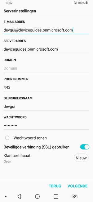 Voer Exchange serveradres en GEBRUIKERSNAAM in. Selecteer VOLGENDE