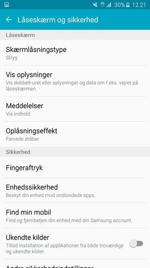 For at aktivere din skærmlås, gå til menuen Låseskærm og sikkerhed og vælg Skærmlåsningstype
