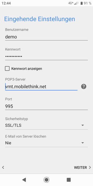 Geben Sie Benutzername und die Server-Adresse für eingehende Post ein