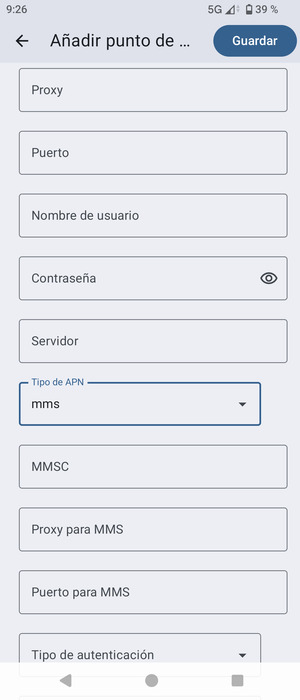 Desplácese hacia abajo e introduzca la información MMS