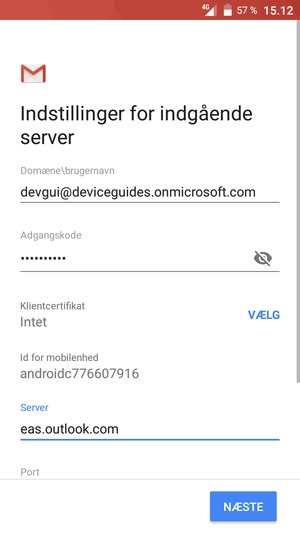 Indtast Brugernavn og Exchange serveradresse. Vælg NÆSTE