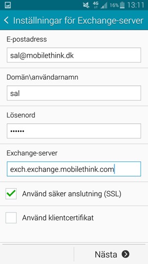 Ange Användarnamn  och Exchange serveradress. Välj Nästa