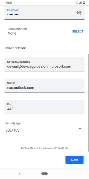 Enter Username and Exchange server address. Select Next