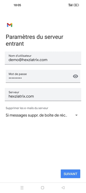 Saisissez votre Nom d'utilisateur et l'adresse du serveur entrant. Sélectionnez SUIVANT