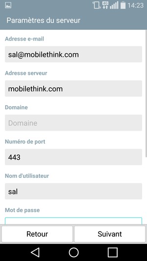 Sélectionnez l'adresse du serveur Exchange et le Nom d'utilisateur. Sélectionnez Suivant