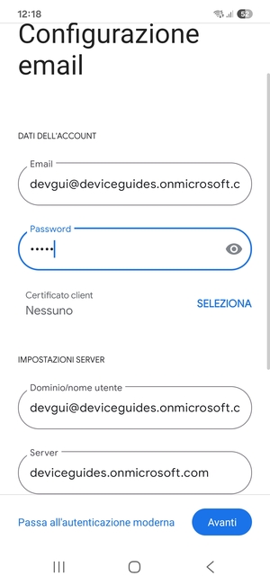 Inserisci Nome utente e l'indirizzo del server Exchange. Seleziona Avanti