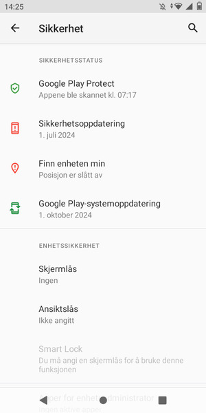 For å aktivere skjermlåsen, gå til Sikkerhet-menyen og velg Skjermlås