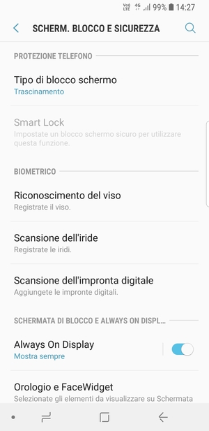 Per attivare il blocco dello schermo, vai al menu Scherm. blocco e sicurezza e seleziona Tipo di blocco schermo