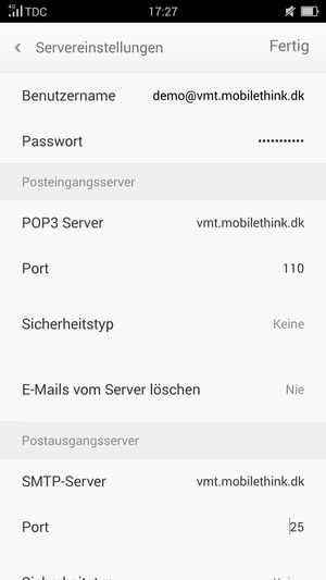 Geben Sie die Server-Adresse für ausgehende Post ein und wählen Sie Fertig