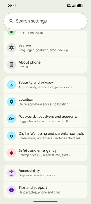 Scroll to and select Security and privacy