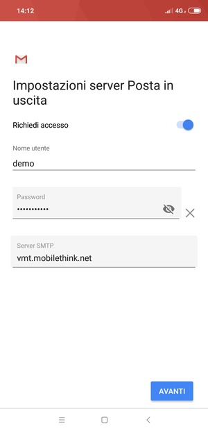 Inserisci l'indirizzo del server di posta in uscita