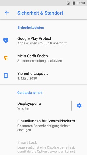 Um Ihre Bildschirmsperre zu aktivieren, gehen Sie zum Sicherheit & Standort Menü und wählen Sie  Displaysperre