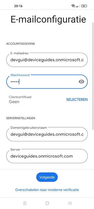 Voer Gebruikersnaam en Exchange serveradres in. Selecteer Volgende