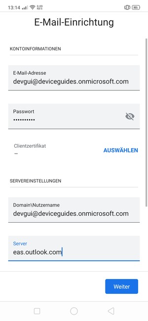 Geben Sie Benutzername und Exchange Server-Adresse ein. Wählen Sie Weiter