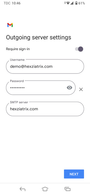 Enter Outgoing server address and select NEXT