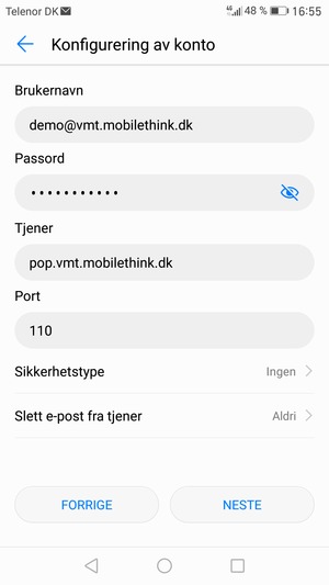 Skriv inn Brukernavn og innkommende serveradresse. Velg NESTE