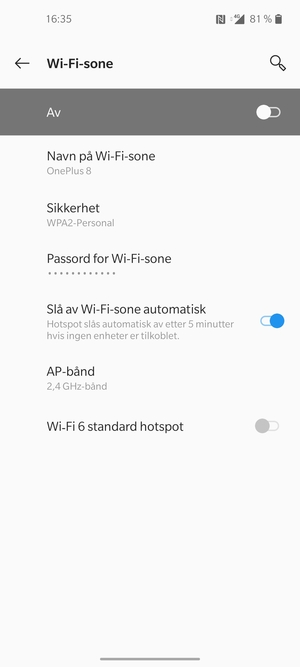 Velg Passord for Wi-Fi-sone