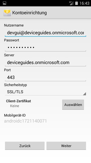 Geben Sie Nutzername und Exchange Server-Adresse ein. Wählen Sie Weiter