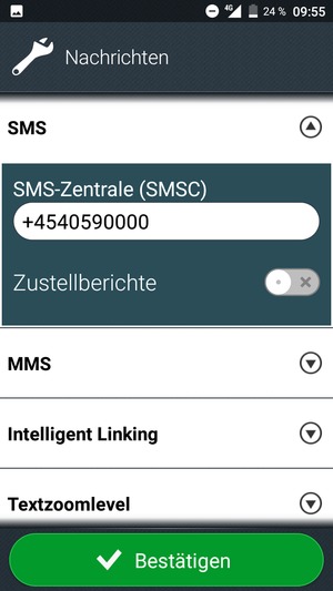 Geben Sie die SMS-Zentrale (SMSC) Nummer ein und wählen Sie Bestätigen
