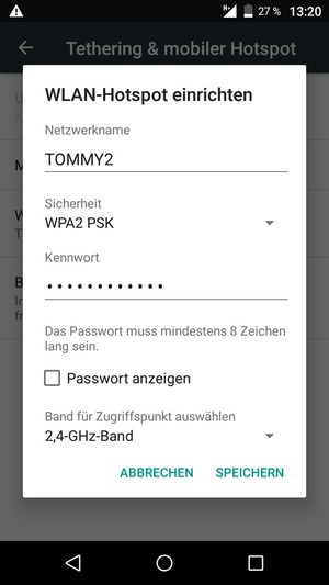 Geben Sie eine WLAN-Hotspot-Passwort mit mindestens 8 Zeichen ein und wählen Sie SPEICHERN