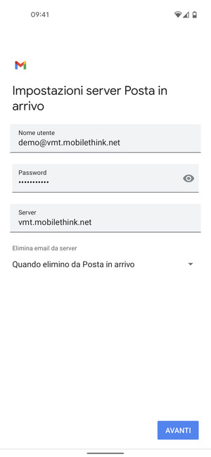 Inserisci Nome utente e l'indirizzo del server di posta in arrivo. Seleziona AVANTI