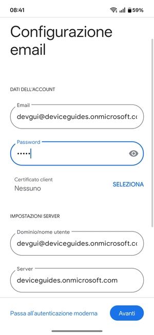 Inserisci Nome utente e l'indirizzo del server Exchange. Seleziona Avanti