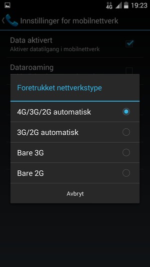 Velg Bare 2G / Bare GSM for å aktivere 2G