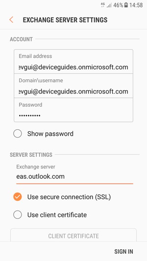 Enter Username and Exchange server address. Select SIGN IN