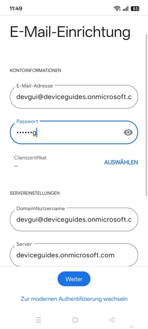 Geben Sie Benutzername und Exchange Server-Adresse ein. Wählen Sie Weiter