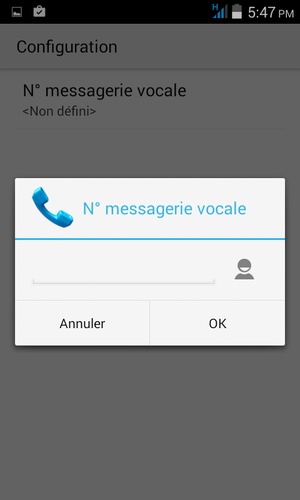 Saisissez le N° messagerie vocale et sélectionnez OK