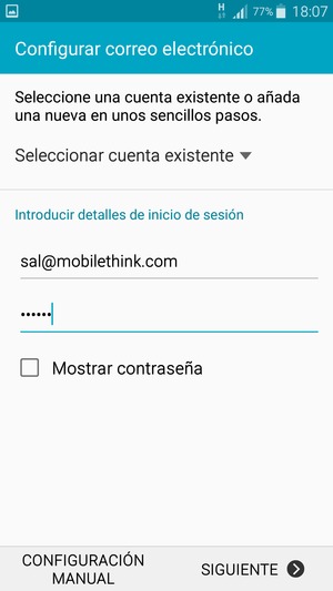 Introduzca su Dirección de correo electrónico y Contraseña. Seleccione CONFIGURACIÓN MANUAL