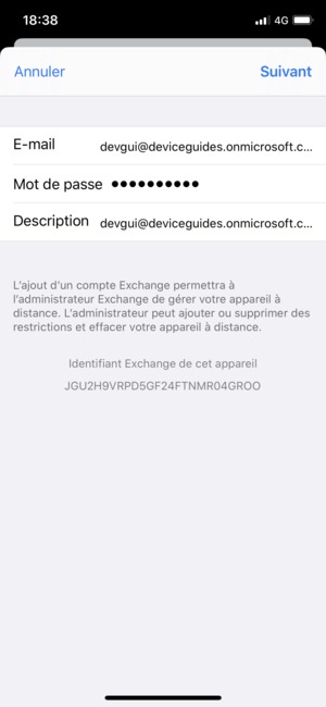 Saisissez vos informations de messagerie Exchange et sélectionnez Suivant