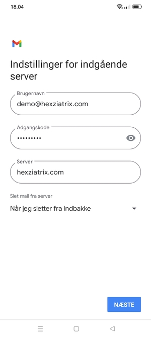Indtast Brugernavn og indgående serveradresse. Vælg NÆSTE