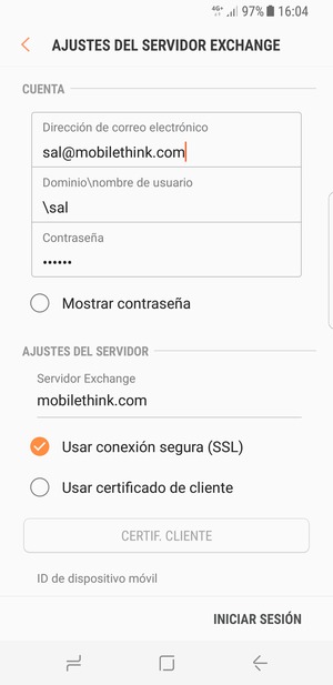 Introduzca Nombre de usuario y la dirección de servidor Exchange. Seleccione INICIAR SESIÓN