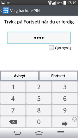 Skriv inn en sikkerhetskopi-PIN og velg Fortsett
