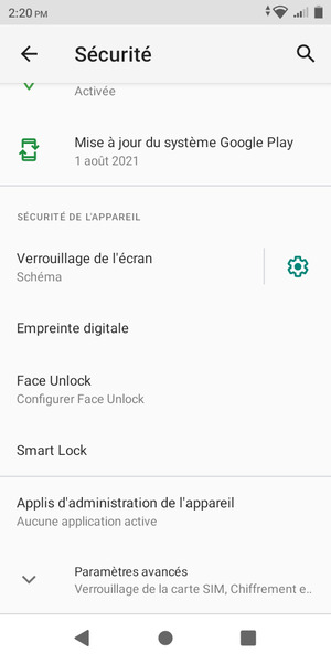 Pour modifier le code PIN de la carte SIM, faites défiler et sélectionnez Paramètres avancés