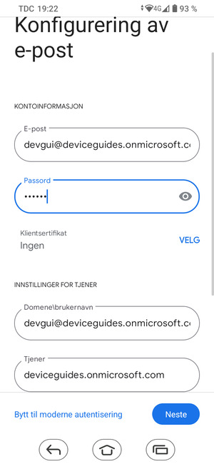 Skriv inn Brukernavn og Exchange serveradresse. Velg Neste