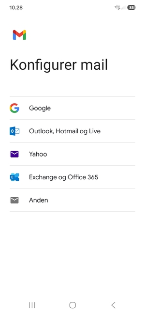 Vælg Exchange og Office 365