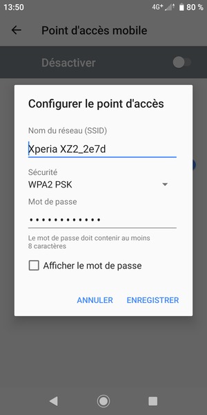 Saisissez un mot de passe de hotspot Wi-Fi d'au moins 8 caractères et sélectionnez ENREGISTRER
